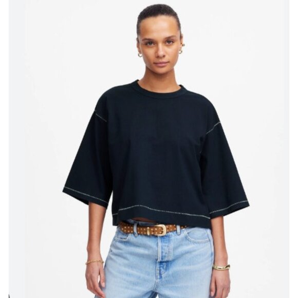 Madewell Women's XS Boxy Wide Sleeve Exposed Stitch Tee Blue NWT - Picture 1 of 13